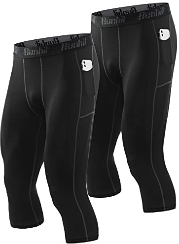 Runhit Kompressionsbyxor för män leggings tights termiska baslager löparbyxor för män träningsbyxor, 2-pack 3/4 byxfickor: svart 1, XXL