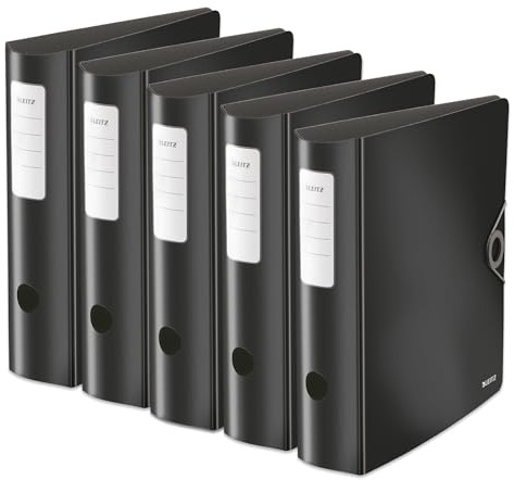 Leitz Qualitäts-Ordner 180° Active Solid, 5er Pack, A4, Breit, Abgerundeter Rücken, 8,2 cm breit, Gummibandverschluss, Leichtes Polyfoam, Plastik-Ordner, Schwarz, 10471095