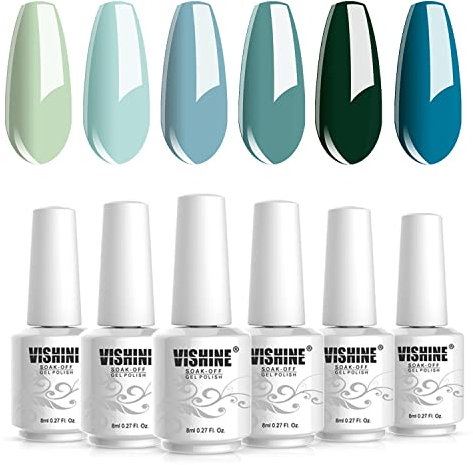 Vishine Gel Nail Polish Teal Blue Olive Green Soak Off Gift Set UV LED Art Varnish Colors UV Light LED Lamp Base Top Coat Needed Starter DIY Nails Art Home Salon Manicure Kits