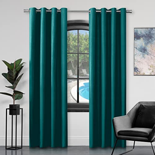 GC GAVENO CAVAILIA Luxury Faux Silk Fully Lined Eyelet Curtains, Ring Top Window Panels Pair With Tie Backs, 66X72, Teal,654834