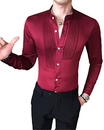 Män smoking skjortor framsida plisserad ståkrage solid långärmad blus gentleman fest bröllopsklänning slim fit toppar, Röd, XXL