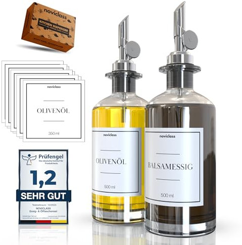 noviclass® Ölflasche Essig und Ölflaschen Set Flaschen zum Befüllen (2x500ml mit Etiketten und Trichter)