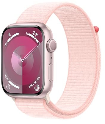 Apple Watch Series 9 (45 mm GPS) Smartwatch avec boîtier en Aluminium Rose et Boucle Sport Rose pâle. Suivi de l’activité Physique, apps Oxygène sanguin et ECG, Neutre en Carbone