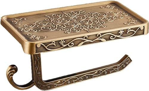 Antiker Messing Toilettenpapierhalter mit Regal, Aluminium Wandhalterung WC Tissue Halter mit Handy Lagerung und Haken, Badezimmer Toilettenpapierhalter Moderner Stil