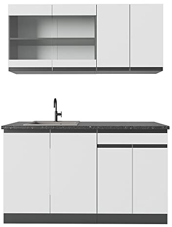 Vicco Singleküche R-Line, Weiß, 140 cm J-Shape, AP Anthrazit, zur flexiblen Erweiterung mit weiteren Modulen geeignet