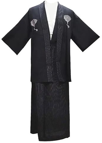 Japanese Mens Traditional Kimono Samurai Hakama Aikido Kendo Uniform Japanese Bushi Chef Uniform Costume Outfit, Black, Medium