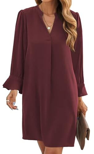 Famulily Elegant Dresses for Women Long Sleeve Ruffled Shift Dress Casual Plain Vacation Fall Dresses Wine S