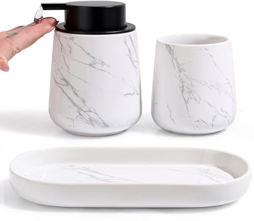 UMLACA White Bathroom Accessory Set - 3 pcs Ceramic Bathroom Soap Dispenser Set Farmhouse Bathroom Decor Sets Accessories, Soap Dispenser and Toothbrush Holder, Tray (Marbling Set - Liquid Pump)