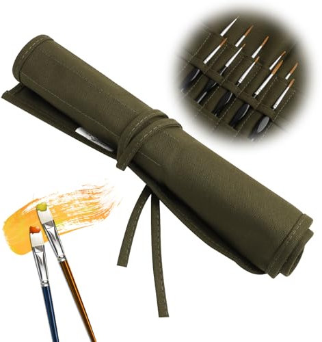 Leinwand Pinseltasche, 22 Größen, Rolltasche mit 22 Fächern, Öl-Pinsel, Feder, Rollmäppchen Federmäppchen, Durable Canvas, Armee Grün, Ideal für Künstler und Hobby-Maler