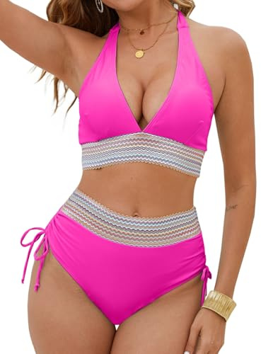 CheChury Conjuntos de Bikinis Mujer Cintura Alta Bikinis Halter Cuello en V Sexy Traje de Baño 2 Piezas Vientre Plano Bañadores Mujer Reductores Natacion Talla Grande Bikini Push Up Bañador Reductor