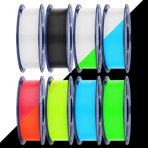 SUNLU PETG Glow in the Dark, Pack de Filament d'imprimante 3D Phosphorescent, Filament Haute Résistance, 250g par Bobine, 8 Rouleaux, (petg Noir Blanc avec 6 bobines in Glowing Bleu/Vert/Rouge/Jaune)