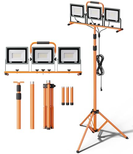 Upgraded 21000Lumen LED Work Lights with Stand - 3 Head Adjustable Work Light with 16FT Cord - IP66 Waterproof Tripod Worklights with Individual Switch for Outdoor Indoor Portable & All-round Lighting