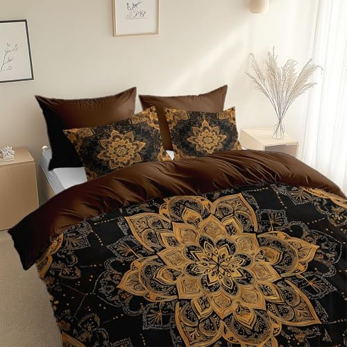 CozyRest Bettwäsche Set 200 x 200 cm Braun Bettbezug Wendebettwäsche Drucken Bettbezug Set 3teilig mit Kissenbezug 80x80 cm, Luxus-Mandala-Blumen Bettwäsche Bettbezug mit Reißverschluss
