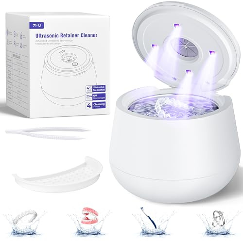 45kHz Ultrasonic Retainer Cleaner, 200ML Dental Cleaning Pod for Dentures, Mouth Guards, Braces, Aligner, Toothbrush Jewelry and More, UV Denture Cleaner with 4 Modes & Digital Timer - White