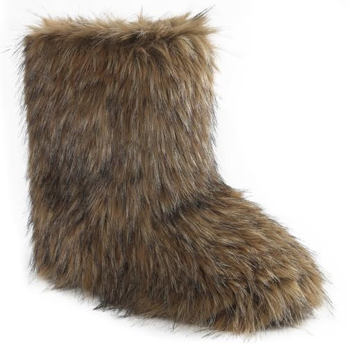 Valpeak Men's Faux Fur Snow Boots, Non Slip Winter Boots, Fluffy Furry Boots For Men, Flat Heel Snow Warm Boots(Brown,8)