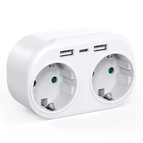 Ladron Enchufes USB 4000W, Enchufe Multiple 5 en 1, Ladrón Enchufe Plano con 2 Tomas de CA, 2 USB y 1 Tipo C, Enchufe Doble Pared con USB C, Adecuedo Familia, Cocina y Oficina,Blanco