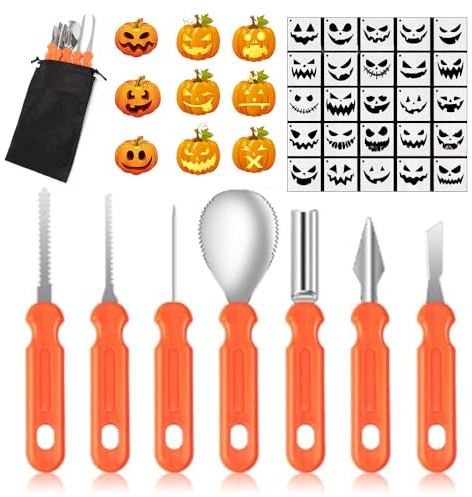 Kit Calabaza Halloween Decoracion 7Pcs Pumpkin Carving Kit 24Pcs Plantillas Halloween De Tallado Con Bolsa Juego De Herramientas Para Tallar Calabazas Para Adultos Niños