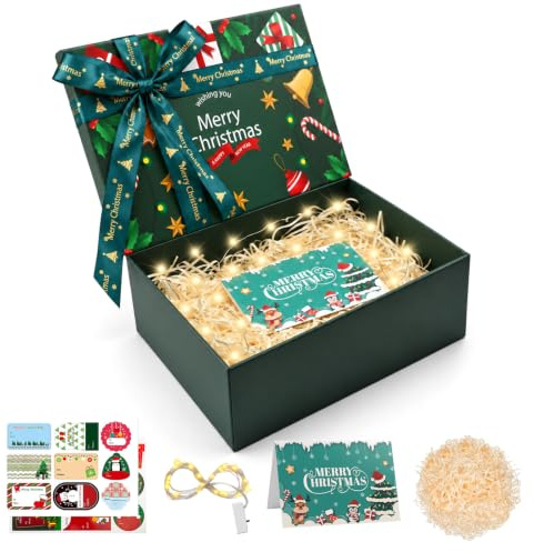 Luxueuse Boîte Cadeau de Noël avec Couvercle, Raphia et LED, 290x220x105mm | Grande Boîte Cadeau avec Guirlande Lumineuse LED, 18 Films Adhésifs de Aléatoires et Carte, Boîte Cadeau Pliable pour Noël