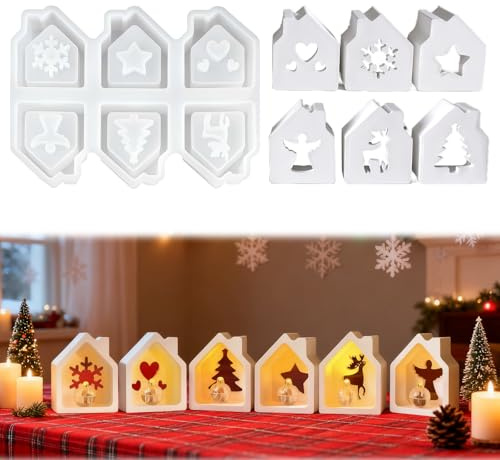 LUMOOM Moules en silicone de Noël - Mini maison - Moule en silicone pour maison - Moules en plâtre à verser pour le bricolage du savon - Pour bougies et plâtre