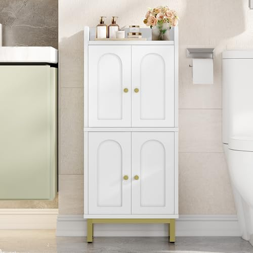 Hzuaneri Bathroom Storage Cabinet, Slim Floor Cabinet with 4 Door, White | Slim Bathroom Cabinet with Adjustable Shelf, Wooden Freestanding Storage Unit for Dining Kitchen Living Room, BC48813G