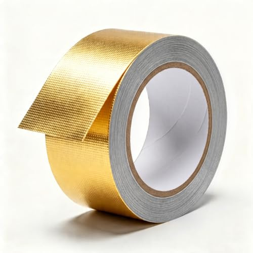 Rusoz Aluminium Foil Tape Gold Fibreglass Reinforced 50mm x 20m, Heat Resistant Tape Flame Retardant Self-Adhesive Foil Tape Vapour Barrier Silver Tape for Pipe Insulation HVAC Exhaust Repair