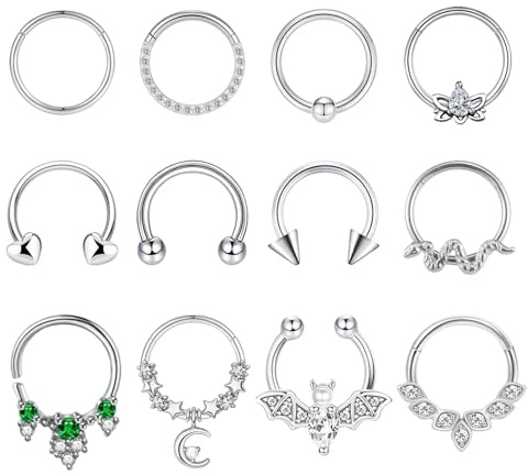 HTTDSLF 12Pcs Piercing Nariz Acero Quirurgico Septum Piercings Para Mujer, Pendientes Huggie Cartílago, Anillo Clicker Septum Piercing Pendientes Helix Tragus Daith Piercing Nostril Labio, Plata