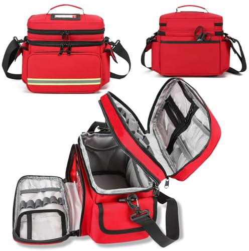 BLOGLOER Botiquin de Primeros Auxilios Vacía, Bolsa Botiquin Viaje de Emergencia, Bolso Enfermera, Maletin Medico, Correa Hombro, Clasificado de Doble Capa, para Hogar Oficina Escuela Coche, Rojo