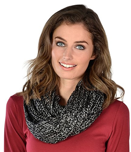 Autumn Faith Ladies Knitted Snood With Sequins Wrap Loop Scarf Neck Winter - Black & Silver