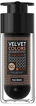 Frezyderm Velvet Colors Base de Maquillaje Alta Cobertura FPS 50+ - 30ml I Base Mate de Cobertura total, Resistente al Agua, Disimula Manchas, Arrugas, Bolsas de Ojos, Piel con Acné, Grasa y Sensible