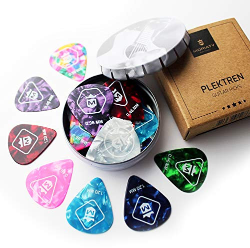 MORIATY® 20 Plektren im Set inkl. Gitarrenschule + Geschenk-Box — Gitarren Plektrum aus extrem robustem Celluloid | 4 Stärken: 0.46-1.20 mm