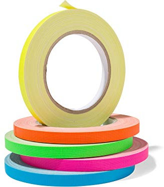 Gewebeband Gaffa, neonfarbenes Klebeband-Set aus PE-beschichtetem Gewebe, stark haftendes Gaffa-Tape mit Naturkautschuk, 5 Rollen 10 mm x 25 m, blau, gelb, orange, grün, pink