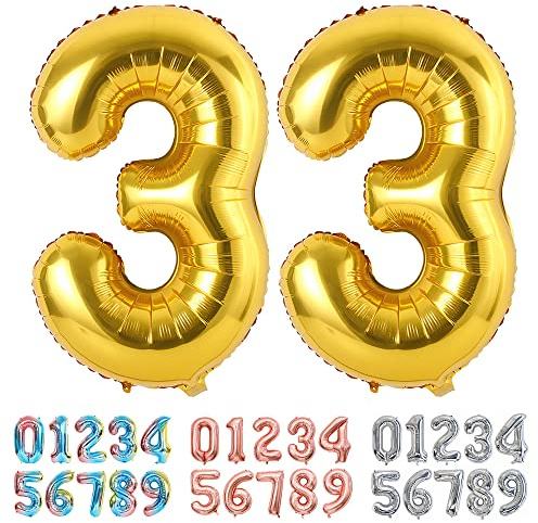 Ponmoo Luftballons Zahlen 33 Gold, Riesen Nummer 0 1 2 3 4 5 6 7 8 9 10-19 20-29 30-39 40 50 60 70 80 90 100, groß Folienballons für Hochzeit Jubiläum, Geburtstagsballons Party Dekoration