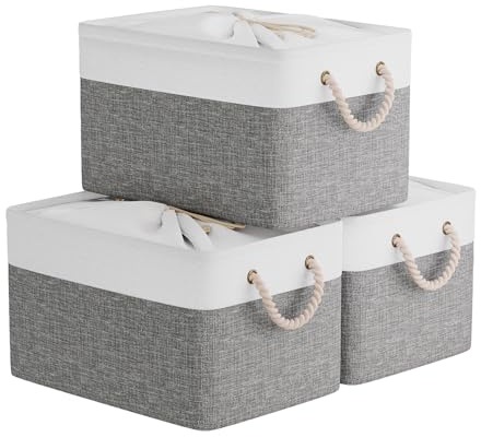 OUTBROS Lot de 3 Boîtes de vêtements, 33 x 23 x 20 cm Paniers de Rangement Pliables, avec cordon de serrage et 3 poignées, Blanc/Gris