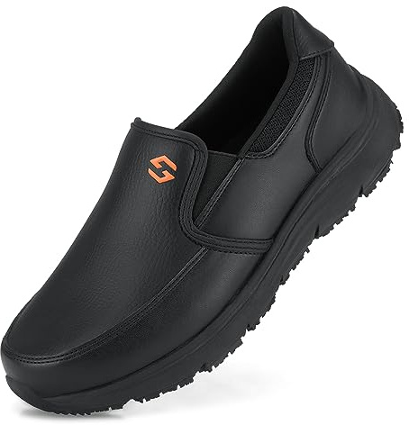 HISEA Non Slip Work Shoes for Men, Water & Oil Resistant Leather Slip on Kitchen Shoes, Comfortable Mens Slip Resistant Chef Shoes for Restaurant Food Service, Lightweight Walking Shoes, Black