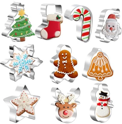 Christmas Cookie Cutters Set of 10,Stainless Steel Cookie Cutters, Xmas Tree Gingerbread Santa Claus Snowman Reindeer Snowflake Candy Cane Star Bell Socks Xmas Biscuit Pastry Cutter