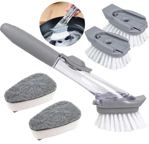 Cepillo Limpieza Hogar Cepillo con Dispensador de Jabón Estropajo con Mango Multifuncional Juego de Cepillo para Lavar Platos Utilizado para Limpiar Platos y Ollas