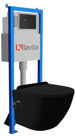 Lavita LAV 101 Vorwandelement für WC 40cm + Wand Hänge Tiefspül WC SALTO Schwarz Spülrandlos + Bedienplatte LAV 200.4.4 Schwarz | Komplettset | Unterputz Spülkasten | Toilette Komplett Sett
