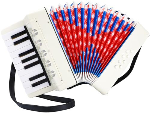 Akkordeon Kinder,17 Tasten 8 Bässe Piano Akkordeon,Ziehharmonika Kinder mit Einstellbare Trageriemen,Akkordeon Erwachsene und Kinder ab 3 Jahre,Akkordeon Musikinstrument für Anfänger (Weiß)