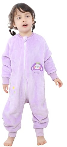 COOKY.D Unisexe Tout-Petit Flanelle Manches Longues Sac De Couchage avec Jambes Bébé Garçons Filles Triple Fermeture Éclair Bande Dessinée Couverture Portable,Lapin Violet 5-6 Ans