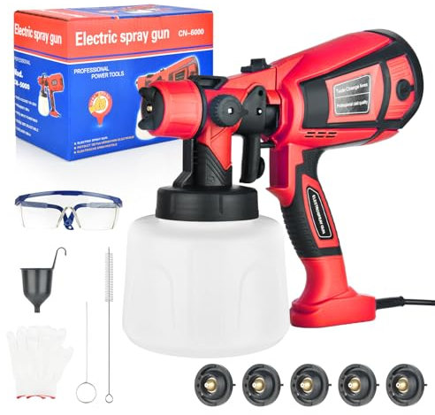 Pistolet a Peinture, Pistolet à Peinture Électrique, 800W/1400ml/5 Buses/3 Modèles pour Intérieur et Extérieur de Maison, Armoires, Clôtures, Plafonds, Facile à Utiliser et à Nettoyer - Rouge