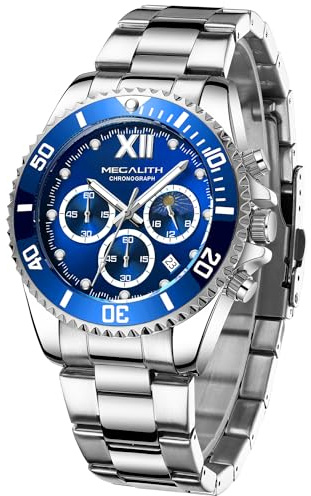 MEGALITH Uhren Herren Chronograph Edelstahl: Herrenuhr Groß Silber Blau - Armbanduhr Herren mit Datum Leuchtende Moon Phase