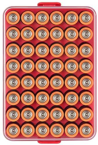 Batteriorganisatör förvaringshölje, litet batteri kassabehållare för 48 stycken AA-batterier, plast klar skyddsbatterihållare för resor/hem/kontor (röd, L)