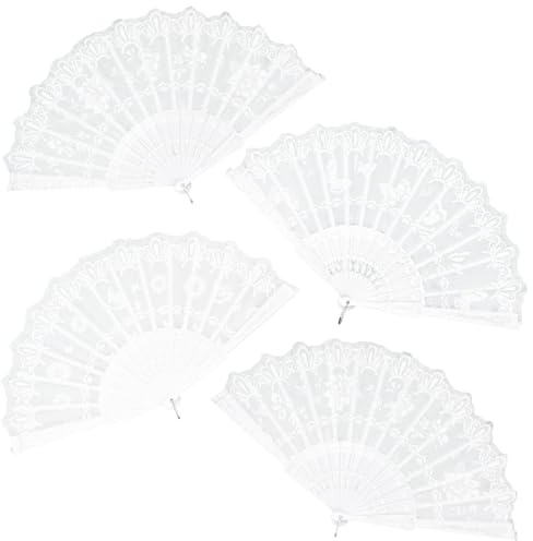 Set di 4 ventagli bianchi, in pizzo, con 4 sacchetti portaoggetti, piccoli ventagli in tessuto, ventagli per matrimonio, decorazione da ballo