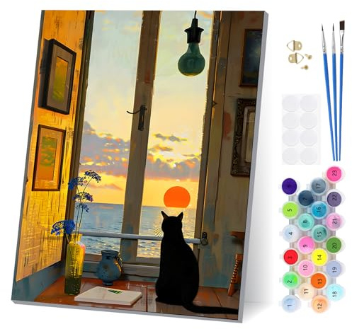 EOBROMD Puesta de Sol Pintar por Numeros Adultos con Marco, Cuadros para Pintar por Numeros Vista al Mar, Gato Negro Lona sin Pliegues Pintura al Cuadros por Numeros, Decoración del Hogar 30x40cm