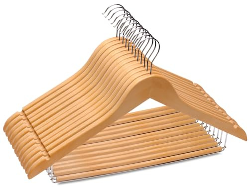 Yiiriko Cintres en Bois - Lot de 12, Bois de Lotus, Robustes et modulables - Crochet Pivotant 360 °, Encoches, Double Porte-Pantalon, pour Costumes, Chemises, Manteaux, Jupes, Pantalons, Chemisiers