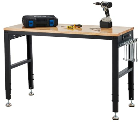 48x20Adjustable Workbench, 2000 Lbs Capacity, Heavy-Duty Garage Worktable with Built-in Power Outlet for Home, Office & Workshop, Adjustable Height 29.5-38.4