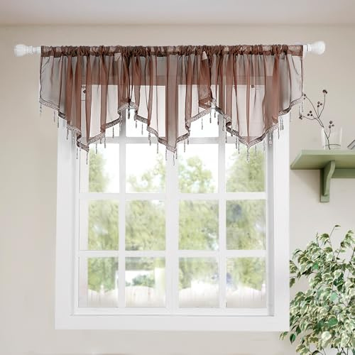 Molaxhome Swag, Tenda con tasca per bastone, 129,5 cm di lunghezza, mantovana smerlata, pannelli in pizzo trasparente con perline di cristallo da appendere, per cucina, camera da letto, finestre
