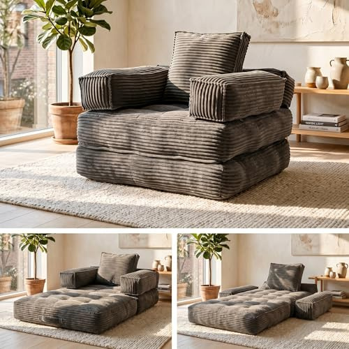 PREMTURE Foldable Sofa Bed Chair Single Adult – Convertible Floor Sofa Lounger with Adjustable Armrests, Soft Corduroy Lazy Recliner for Living Room, Studio, Dorm & Small Spaces, Dark Grey