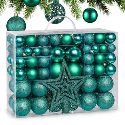LN COZY CORNER Christmas Baubles Set Shatterproof Tree Decorations with Star Topper (Green)