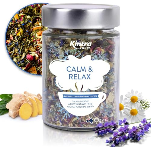 Kintra Foods Calm & Relax Loose Leaf | Herbal Blend With Chamomile, Lavender and Passionflower | Soothing Tea | Caffeine-Free Calming Tea | 60g Jar for Ultimate Relaxation